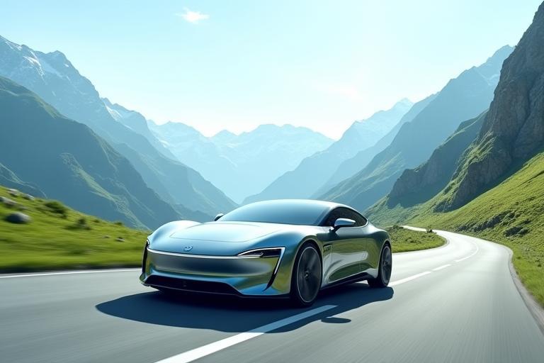 Elektroauto mit Schweizer Alpen im Hintergrund
